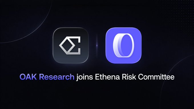 The image features the logos of OAK Research (black) and Ethena (purple) side by side on a dark background, with the text "OAK Research joins Ethena Risk Committee" displayed below, visually announcing the partnership mentioned in the post.