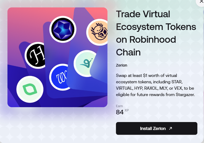 A modal pop-up from Zerion offers 84 XP for swapping at least $1 worth of virtual ecosystem tokens (including STAR, VIRTUAL, HYP, RAXOL, MLY, or VEX) on Robinhood Chain, with an "Install Zerion" button. The image relates to the post by highlighting the time-sensitive XP farming opportunity that users need to complete before it expires.