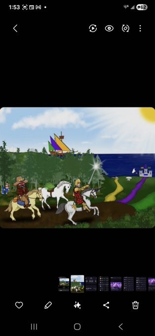 The image shows a cartoon scene of people riding horses, with a boat sailing nearby. The background features a blue sky and water, creating a picturesque setting for the illustration. The caption below the image reads "Follow the Purple Brick Road. @webauthwallet @metalblockchain @XPRNetwork @MetallicusTDBN".