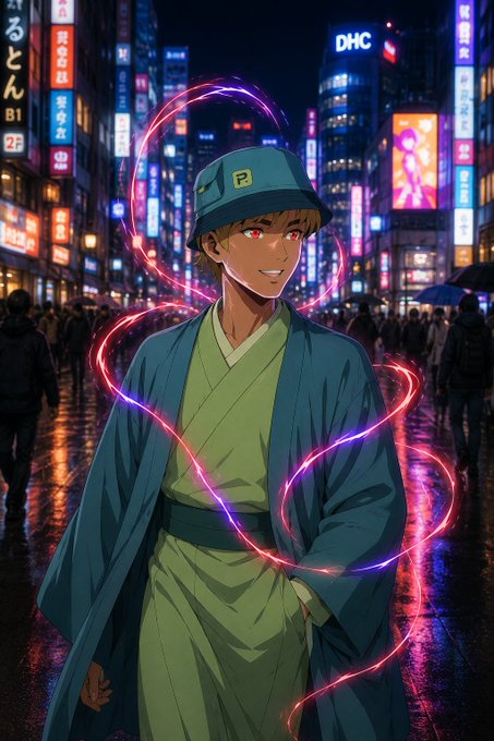 An anime-style illustration depicts a young man in a teal kimono with glowing red eyes, surrounded by neon energy swirls in a vibrant nighttime cityscape featuring a 'DHC' sign.