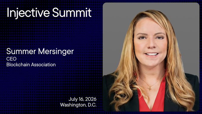 The image features a woman with blonde hair wearing a red blouse, smiling at the camera. The background of the image is blue, and there are white text elements that read "Injective Summit" and "July 16, 2016". These details suggest that this image might be related to an event or conference where the woman was speaking about blockchain technology.