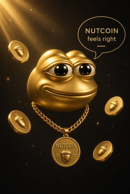 A golden Pepe-style frog head wearing a gold chain with a 'NUTCOIN' acorn pendant, with a speech bubble saying 'NUTCOIN feels right' and gold acorn coins floating around.