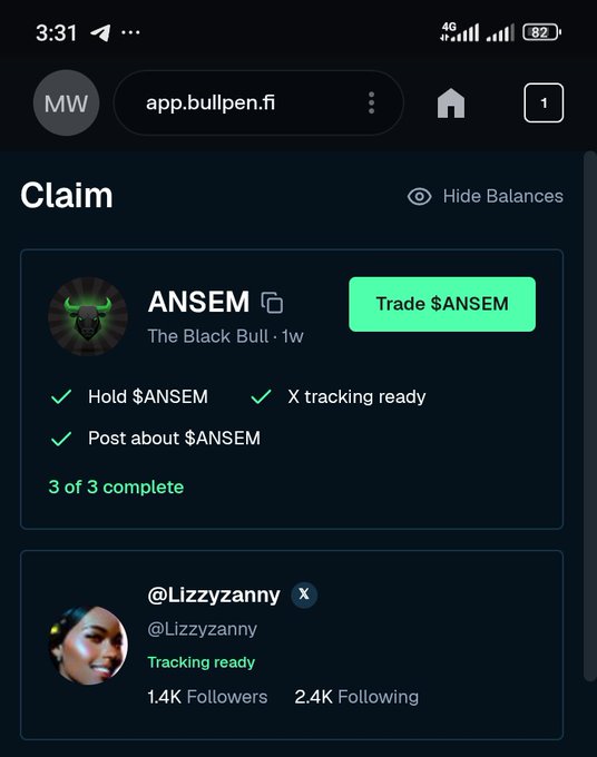 A mobile screen showing a 'Claim' page on app.bullpen.fi for the $ANSEM token ('The Black Bull'), with 3 of 3 tasks complete including 'Hold $ANSEM', 'X tracking ready', and 'Post about $ANSEM', and a green 'Trade $ANSEM' button.