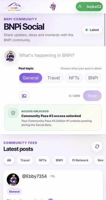 The image shows the BNPi Social beta platform interface, featuring a "What's happening in BNPi?" post composer with topic options like General, Travel, NFTs, and BNPI, along with a notification that "Community Pass #3 access unlocked" for posting during the Social Beta. A community feed below displays a post from @Ebby7354, illustrating the live beta testing experience mentioned in the welcome message.