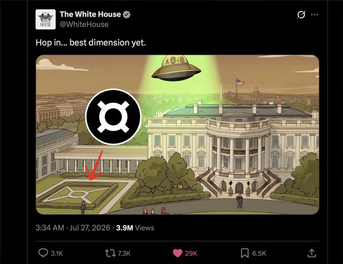 A screenshot of a tweet from @WhiteHouse dated July 27, 2026, reading 'Hop in... best dimension yet.' with an illustration showing a UFO abducting the White House while a portal opens in the lawn.
