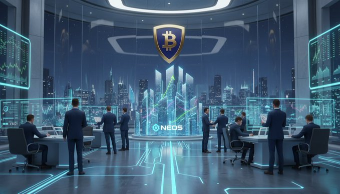 A futuristic stock or crypto trading room where people in suits monitor holographic screens, centered around a Bitcoin logo and a chart for a token named "NEOS".