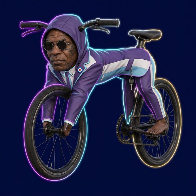 A stylized digital artwork of an older Black man wearing sunglasses, a purple tracksuit, and a hoodie, positioned horizontally as if riding a bicycle, with neon glow effects outlining the bike against a dark blue background.