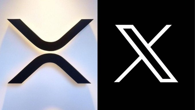 A physical black and white split image of the XRP logo (left) alongside its digital white on black icon (right), symbolizing the cryptocurrency's newly announced integration with X Money via Cross River Bank to reach over 600 million users.