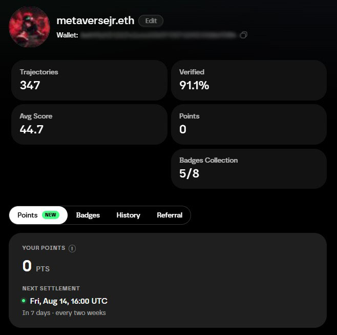 A user profile page for "metaversejr.eth" displaying stats including 347 Trajectories, 91.1% Verified, an Average Score of 44.7, and 0 Points with a next settlement date of Friday, August 14, 16:00 UTC.