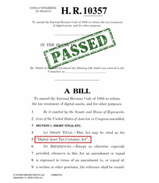 The image shows the cover page of H.R. 10357, a bill to amend the Internal Revenue Code of 1986 reforming tax treatment of digital assets, marked with a green "PASSED" stamp and highlighting the "Digital Asset Tax Certainty Act" title. It relates to the post by showing the official legislation that the House Ways and Means Committee reportedly passed 38-5 to ease crypto tax reporting on small payments.