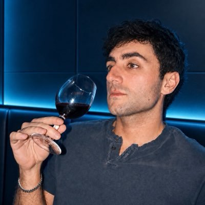 A young man with dark curly hair holds up a glass of red wine, gazing off to the side with a contemplative expression, dressed in a casual blue henley shirt against a blue-lit background.

The image doesn't appear to directly depict any of the named figures from "The LA Vape Cabal" (Threadguy, FaZe Banks, Frank DeGods, Rasmr), nor does it show any text, tickers, or logos related to $LIBRA or Solana memecoin culture—making the connection between the image and the accompanying post unclear.