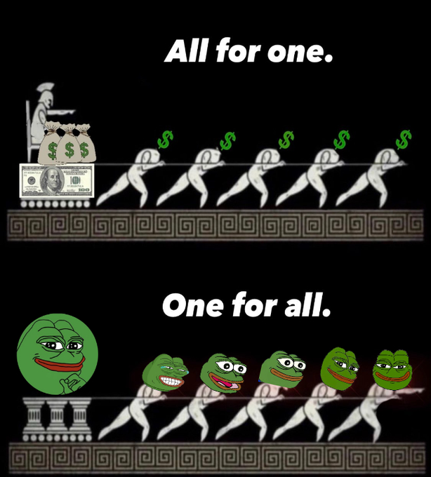 A Pepe-themed parody of the "All for one, one for all" illustration contrasts wealthy figures extracting money with multiple Pepe frogs generating wealth together.