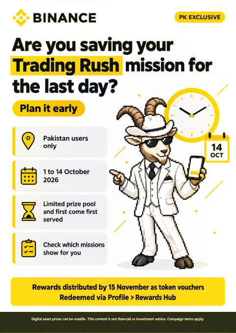 A Binance promotional graphic asks 'Are you saving your Trading Rush mission for the last day?' featuring an anthropomorphic goat in a white suit, with details for Pakistan users from 1 to 14 October and a 14 Oct deadline.