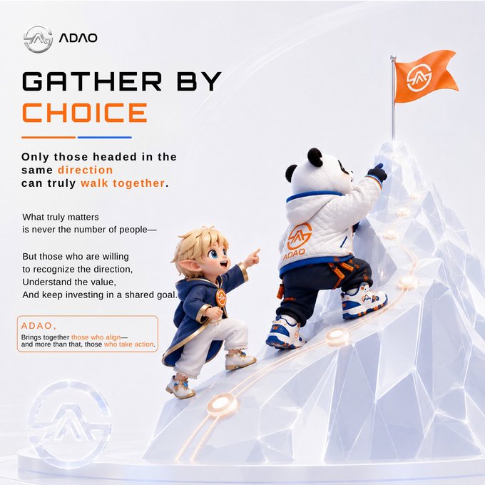A promotional graphic titled 'GATHER BY CHOICE' for ADAO features 3D animated characters including a panda and a boy climbing an icy mountain with an orange flag, alongside text about direction and shared goals.