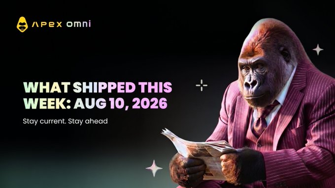 A promotional banner from APEX OMNI titled 'WHAT SHIPPED THIS WEEK: AUG 10, 2026' featuring an AI-generated gorilla in a pink pinstripe suit reading a newspaper.