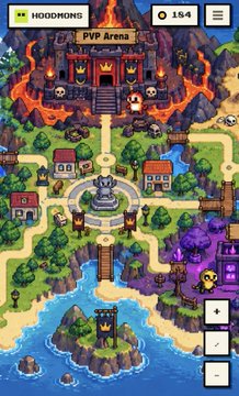 Pixel art game map titled 'PVP Arena' showing a village with a fountain, houses, a fiery volcano at the top, and a river leading to a tower, with 154 'Hoodmons' collected.