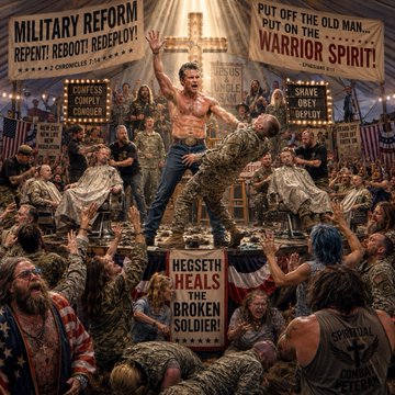 A satirical political illustration depicting a shirtless muscular figure standing on military personnel at a rally, with banners reading 'MILITARY REFORM: REPENT, REBOOT, REDEPLOY!' and 'PUT OFF THE OLD MAN, PUT ON THE WARRIOR SPIRIT!' along with 'HEGSETH HEALS THE BROKEN SOLDIER.'