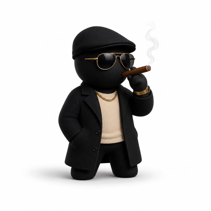 The image features a black figure dressed in a suit and tie, holding a cigar and smoking it while standing against a white background. The figure also has sunglasses on their head and gold jewelry around their neck. The caption of the image reads "All I'm saying is Pfp gang has been pushing to return to pfp narrative for a long time". This suggests that the figure might be referencing a specific event or trend related to Pfp, such as the recent decision by the company to change its focus from dogs and cats to more obscure creatures like BLOBS.