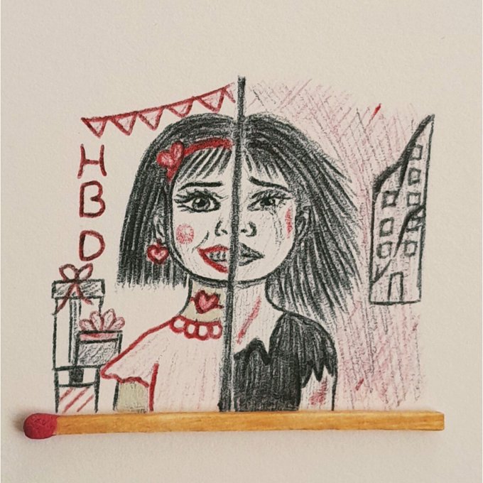 The image shows a hand-drawn split portrait on paper, with one half depicting a cheerful girl surrounded by red hearts, "HBD" (happy birthday) lettering, bunting, and gift boxes, while the other half shows a darker, vampire-like version with fangs and a gloomy building—visually representing the "Contrast" theme of the 1/1 NFT piece being shared.