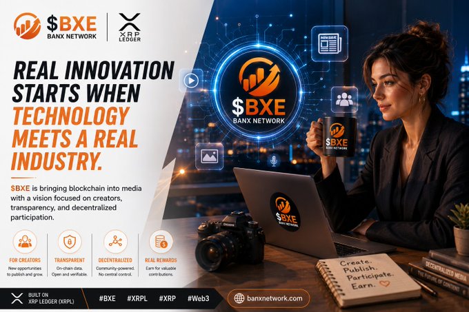 A promotional banner for '$BXE Banx Network' built on XRP Ledger, reading 'REAL INNOVATION STARTS WHEN TECHNOLOGY MEETS A REAL INDUSTRY,' featuring a woman holding a branded mug alongside icons for creators, transparency, decentralization, and real rewards.