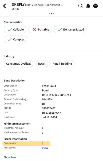 The image shows a mobile app screen displaying bond details for ticker DKBFLY Corp 5.165 Aug 01 due 08/01/44, with $604.82M outstanding, issued in the US on July 17, 2014, and noted as callable, complex, and exchange-listed — likely the same high-yield 5.165% bond the user purchased $1000 worth of in 2024 at market bottom.