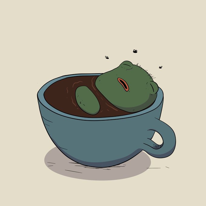 A simple, hand-drawn style cartoon of a small, lumpy green character with a frowning red mouth, half-submerged in a teal cup of dark liquid, possibly coffee.