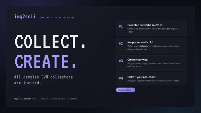 A promotional webpage for 'img2scii' by dad0xlab, reading 'COLLECT. CREATE. All dad0xlab EVM collectors are invited,' with instructions on how to connect an invited EVM wallet.