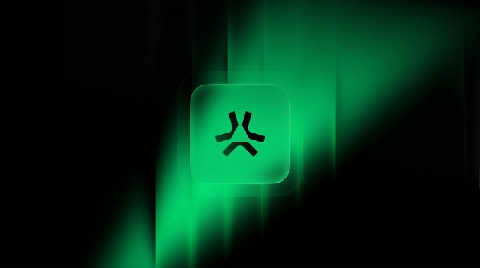 A glowing green app icon featuring a stylized star or burst symbol is displayed against a dark background with light streaks.