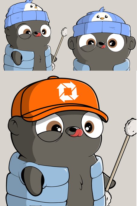 An illustration showing three views of a cute cartoon character with dark skin, large eyes, and a blue puffer vest or orange cap, holding a marshmallow on a stick.
