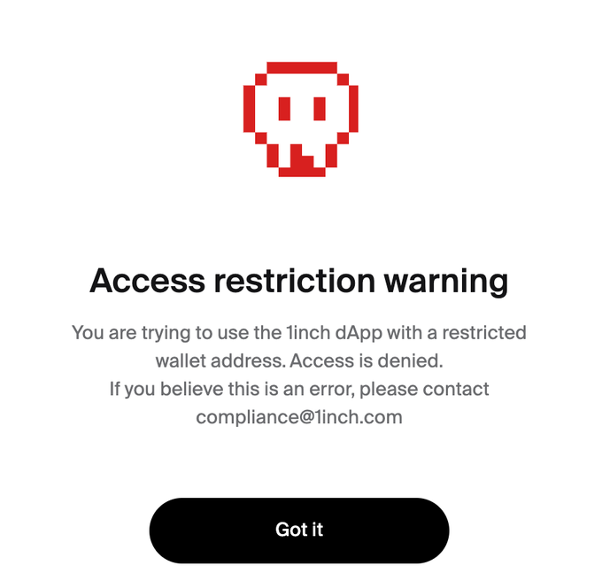 An "Access restriction warning" message from 1inch dApp stating that a restricted wallet address is being used and access is denied.