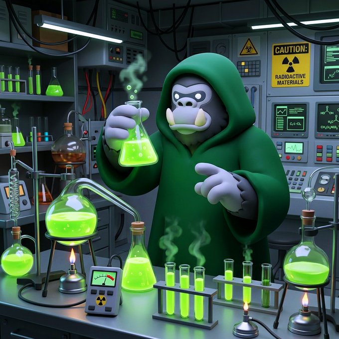 A cartoon illustration of a gorilla wearing a green hoodie working in a laboratory filled with bubbling green flasks, test tubes, and a 'CAUTION: RADIOACTIVE MATERIALS' sign.