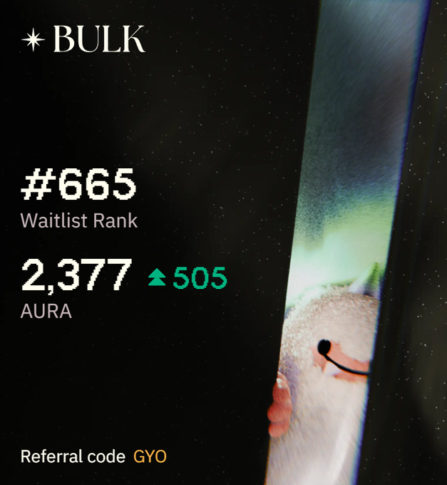 A Bulk waitlist screenshot showing rank #665, 2,377 AURA (up 505), and referral code "GYO," illustrating the user's post about earning extra AURA daily through YT-BulkSOL holdings.