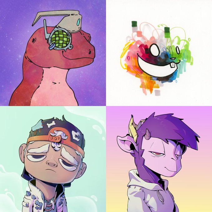 A four-panel illustration featuring a dinosaur with headphones, a colorful glitch-style smiling face, a boy with a dog headband, and a purple demon-like character.