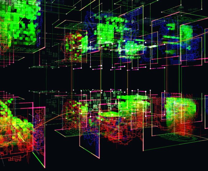 Abstract digital artwork featuring a dark background overlaid with neon green, red, pink, and blue wireframe cubes and grid patterns resembling a 3D technological or data visualization.