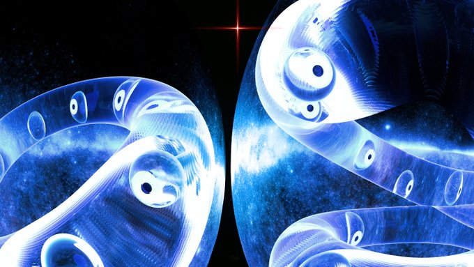 An abstract digital artwork featuring ethereal blue and white swirling forms with multiple eye-like circular patterns against a dark cosmic background with a single red star.