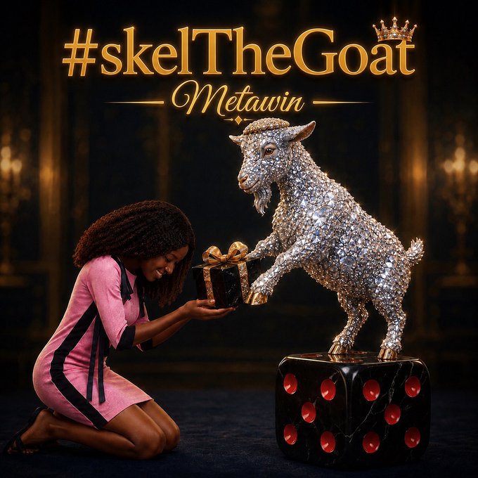 A promotional graphic with gold text '#skelTheGoat Metawin' featuring a woman in a pink dress kneeling before a large jeweled goat statue holding a gift box.