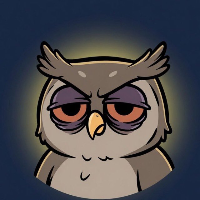 A cartoon illustration of a sleepy, somewhat grumpy-looking gray owl with large droopy purple-rimmed eyes against a dark blue background.