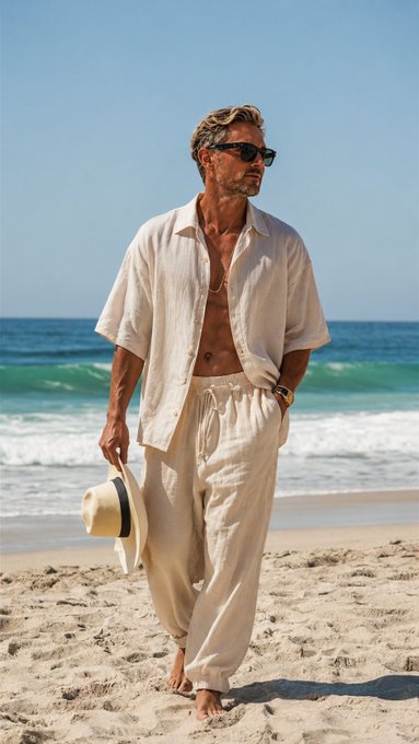 A stylish older man walks barefoot on a beach wearing a beige linen shirt and pants, carrying a straw hat and sunglasses.
