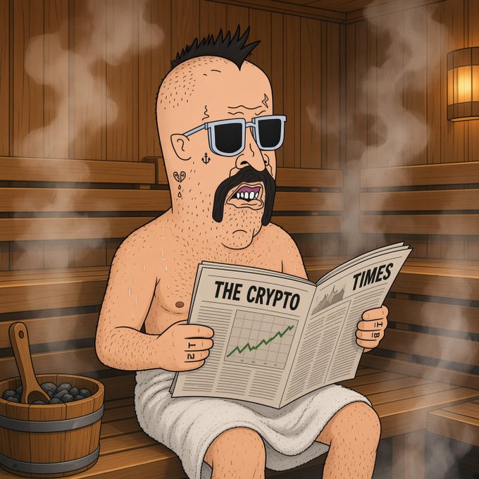 A cartoon illustration of a man with a mohawk, mustache, and sunglasses sitting in a sauna reading a newspaper titled 'THE CRYPTO TIMES' which shows a rising line graph.