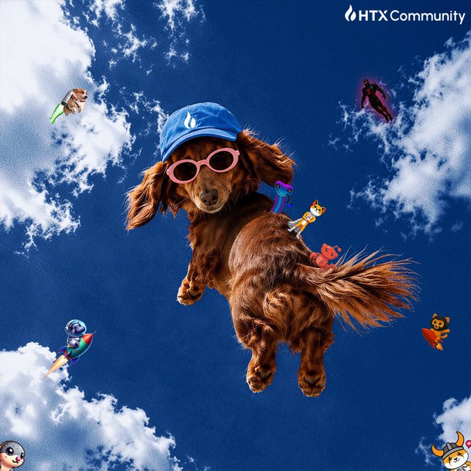 A brown dog wearing a blue "HTX" cap and pink sunglasses soars through a cloudy sky, accompanied by playful cartoon characters and a rocket ship — visually capturing the "dream big, fly high" spirit of the HTX Community post. The "HTX Community" watermark appears in the top right corner, tying the whimsical scene to the brand's uplifting message about chasing gains.