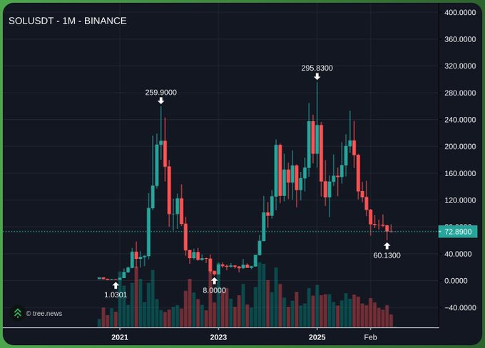 The image shows a monthly candlestick chart of SOL/USDT on Binance from 2021 to February, highlighting Solana's historic highs (295.83), previous peak (259.90), and recent low (60.13) at the current 72.89 price level, visually supporting the post's claim about its first green monthly candle in nine months following a prolonged downtrend.