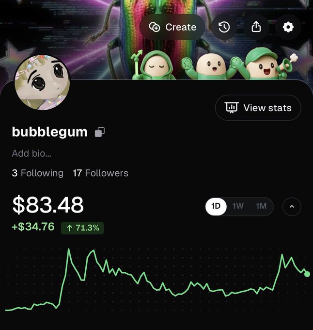A Robinhood-style stock app screenshot shows the user 'bubblegum' with a portfolio value of '$83.48', a gain of '+$34.76' or '71.3%', and 17 followers.