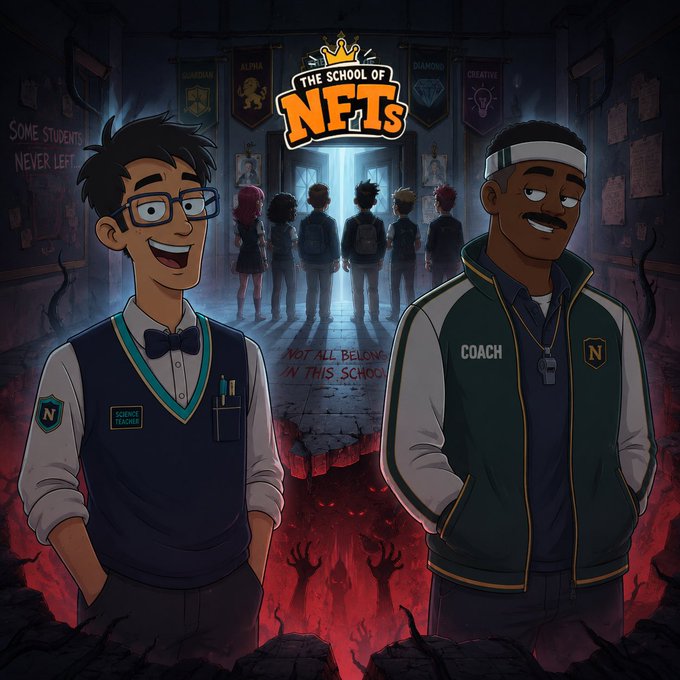A promotional poster for "The School of NFTs" shows a cheerful student-teacher duo in the foreground standing on solid ground, while in the background, a line of silhouetted students approaches a glowing doorway above a shadowy abyss of clawing hands and graffiti reading "Some students never left" and "Not all belong in this school." The image visually reinforces the post's ominous teaser by contrasting the school's inviting facade with a darker undercurrent hinting that the Guilds may harbor hidden dangers when the project launches in February 2027.