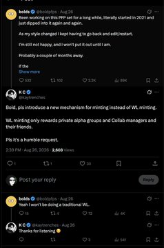 A Twitter/X screenshot shows Bold (@boldleonidas) discussing his "Into the Hood" open edition mint that dipped and recovered, with his following post announcing a new WL-free minting mechanism using private alpha groups and Collab managers, related to the OE "Into the Hood" launch with 4,338 already minted.