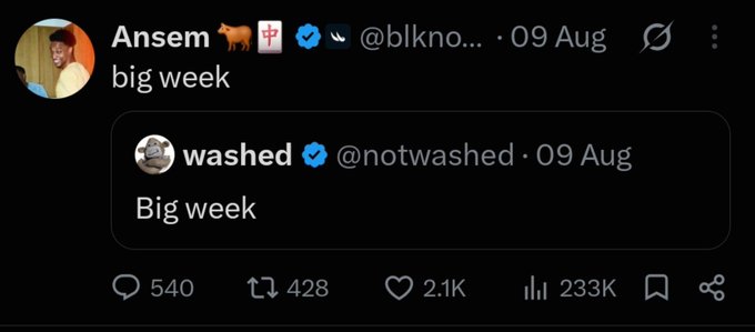 A screenshot of a tweet by Ansem (@blkno...) quoting a tweet by washed (@notwashed) that both say "big week" / "Big week" from August, with 540 replies, 428 retweets, 2.1K likes, and 233K views.