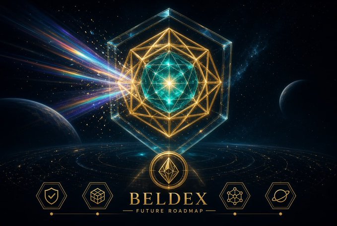 A promotional graphic for 'BELDEX FUTURE ROADMAP' displays a glowing geometric design against a cosmic backdrop with planetary elements.