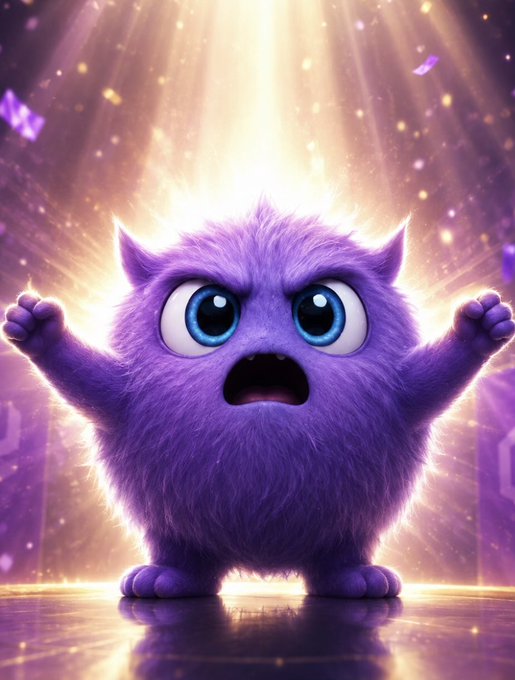 A 3D-rendered purple fluffy monster character with large blue eyes and an open mouth, standing with arms raised against a glowing, radiant background with sparkles.