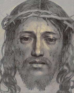 A pencil drawing depicting the face of Jesus Christ wearing a crown of thorns, with detailed shading showing his beard and sorrowful expression.