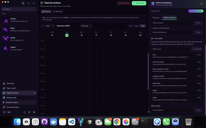 A screenshot of the Discord application on macOS showing a calendar view for 'Tasks & routines' in September 2026 with the Solana workspace active on the right sidebar displaying wallet configuration options.