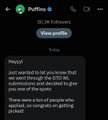 A mobile app screenshot showing a notification from 'Puffin' regarding followers, with a pop-up message stating 'Sorry! We are unable to help you here...' and a 'View profile' button.